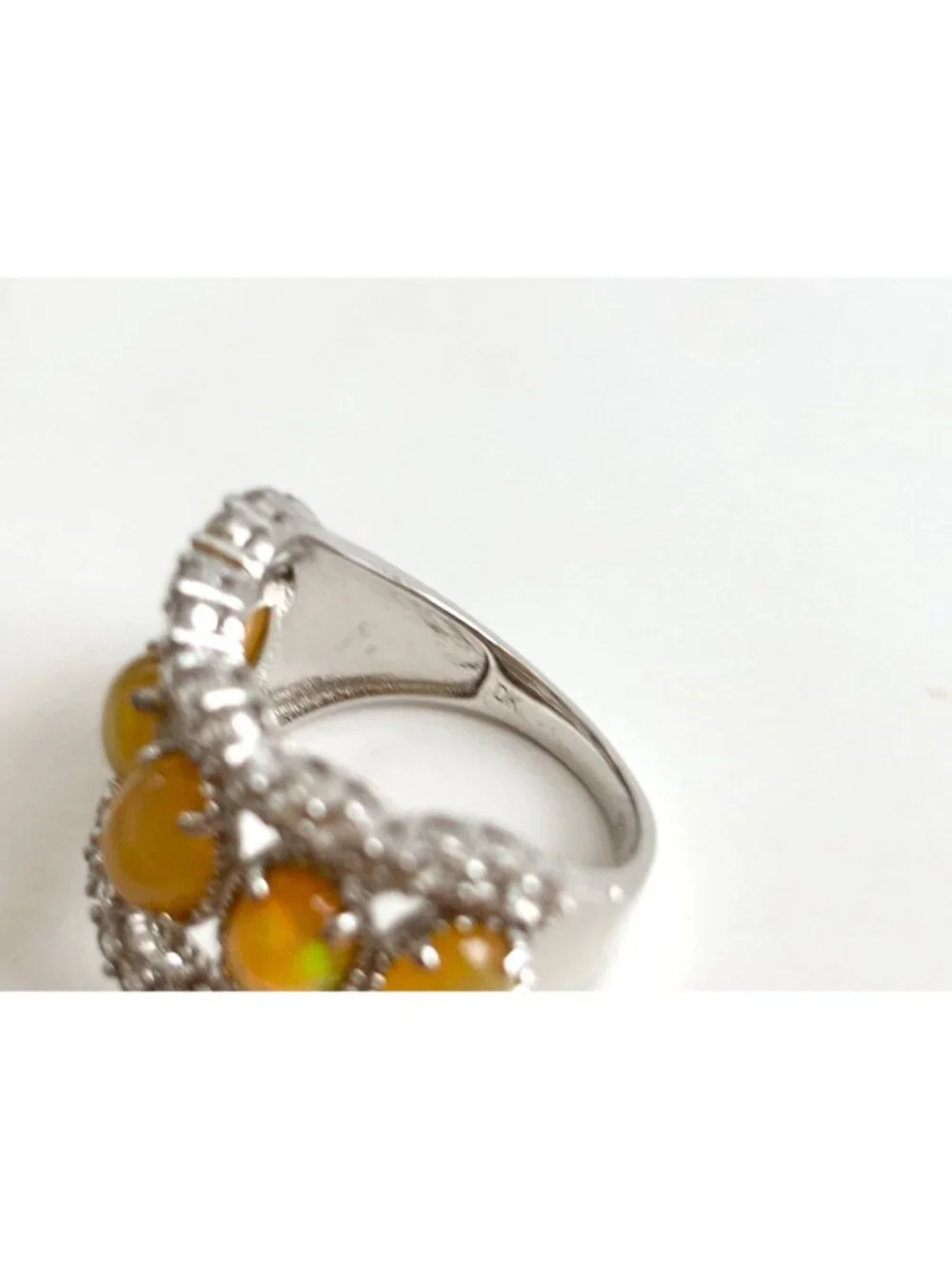 Ethiopian Opal Stone Row Set Scalloped Sterling Silver 925 Vintage Ring - sz 8